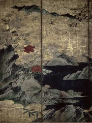 Vögel und Blumen der vier Jahreszeiten (Feder und Tinte, Farbe, Goldpapier auf Tafel)